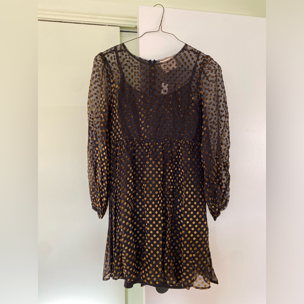NWT Anthropologie Black and Gold Polka Dot Dress